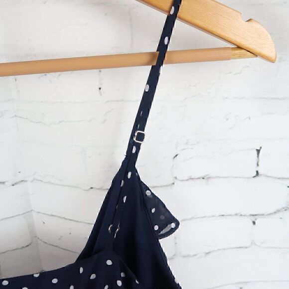 FOREVER 21 NAVY BLUE SPAGHETTI STRAP V NECK MIDI POLKA DOT DRESS SIZE SMALL NWT - Picture 7 of 8